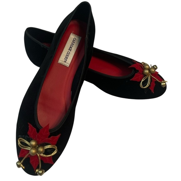 Vintage Carriage Court Holiday Flats Black Velvet Gold Jingle Bell Bow 9 - Picture 2 of 6